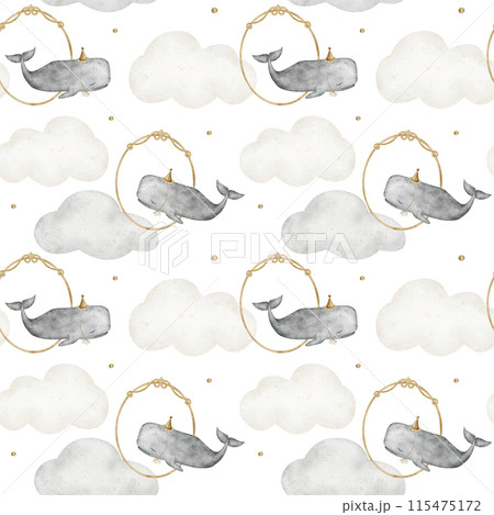 Seamless pattern sperm whale, cachalot in vintage frames flying in the clouds. Watercolor children's illustrations for textiles, fabrics, packaging, cards, posters Seamless pattern sperm whale, cachalot in vintage frames flying in the clouds. Watercolor children's illustrations for textiles, fabrics, packaging, cards, posters 115475172