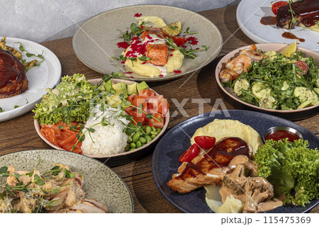 Food dishes for the menu Salads and appetizers,main courses and meat side dishes 115475369