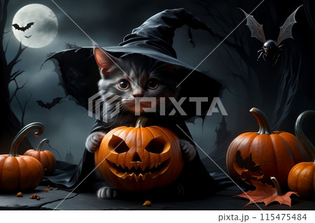 Halloween card, a lot of pumpkins and a cat in a mantle 115475484