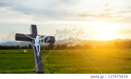 A red wooden cross on a blurred cemetery background. 115475639