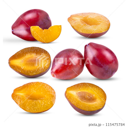 Plums plum prunes fruit isolated on white background Plums plum prunes fruit isolated on white background 115475784