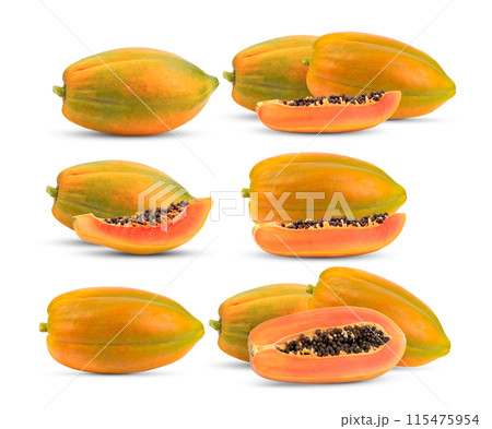 Ripe papaya fruit with seeds isolated on white background Ripe papaya fruit with seeds isolated on white background 115475954