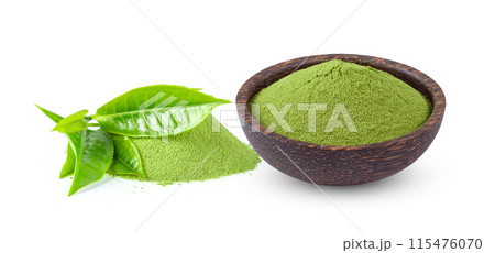 tea leaf and matcha green tea powder isolat on white background 115476070