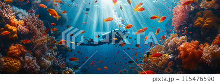 Selective focus of underwater photography, divers exploring colorful coral reefs and marine life. 115476590