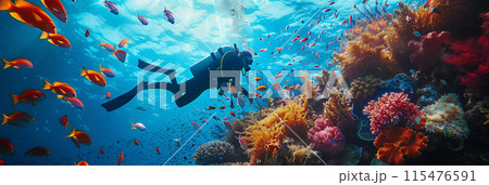 Selective focus of underwater photography, divers exploring colorful coral reefs and marine life. 115476591