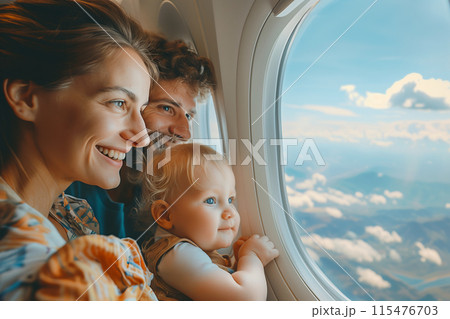 Selective focus of Caucasian man and woman holding small children Look at the window while flying in an airplane during a trip. 115476703
