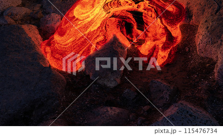 Glowing Lava Flowing Over Rocky Terrain at Night 115476734