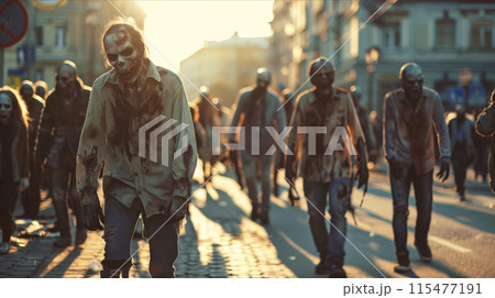 Selective focus of Zombies are walking on the city streets. 115477191