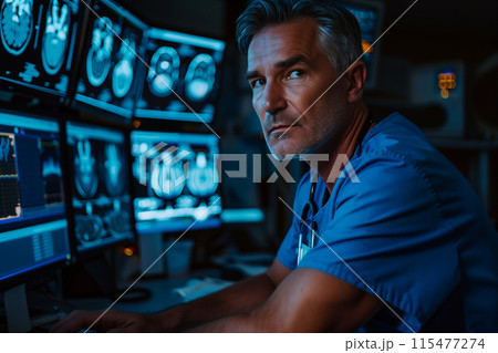Middle-aged doctor checking brain x-ray results on a monitor at hospital. Middle-aged doctor checking brain x-ray results on a monitor at hospital. 115477274