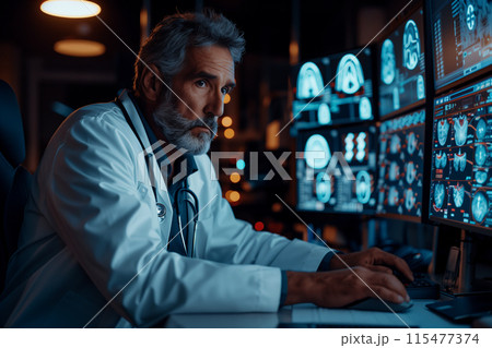 Middle-aged doctor checking brain x-ray results on a monitor at hospital. 115477374