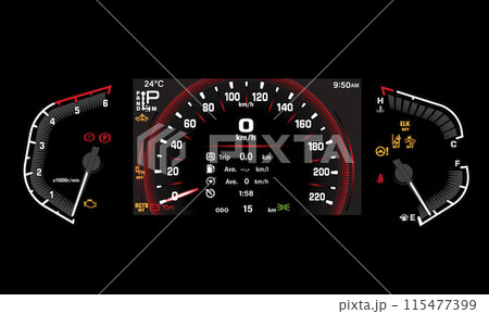 Car dashboard speed meter technology design modern futuristic on black background vector illustration. Car dashboard speed meter technology design modern futuristic on black background vector illustration. 115477399