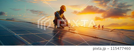 A technician is installing solar panels at a photovoltaic power station. 115477460