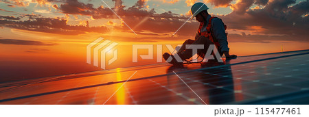 A technician is installing solar panels at a photovoltaic power station. 115477461