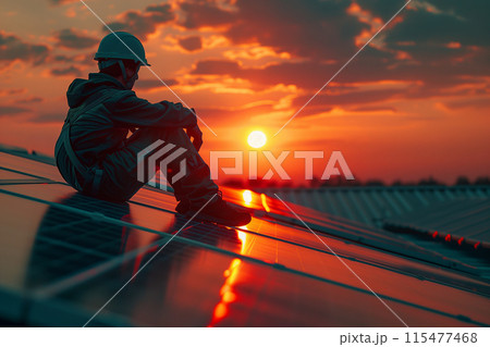 A technician is installing solar panels at a photovoltaic power station. 115477468