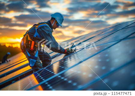 A technician is installing solar panels at a photovoltaic power station. 115477471