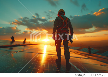 A technician is installing solar panels at a photovoltaic power station. 115477472