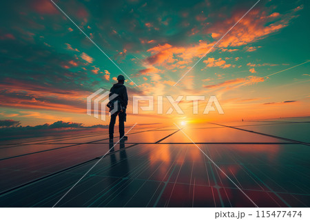 A technician is installing solar panels at a photovoltaic power station. 115477474