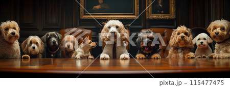 A group of dogs in business clothes are meeting in the office. 115477475