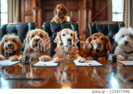 A group of dogs in business clothes are meeting in the office. 115477496