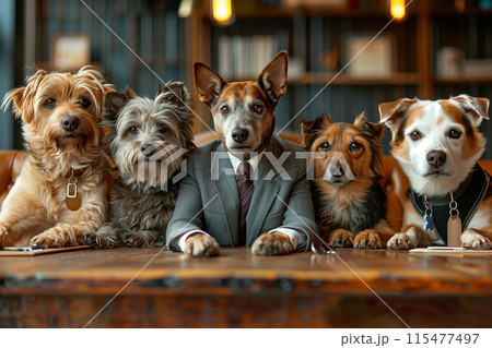A group of dogs in business clothes are meeting in the office. 115477497