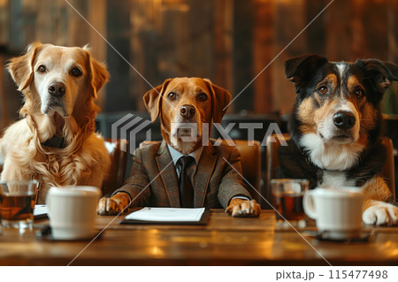 A group of dogs in business clothes are meeting in the office. 115477498