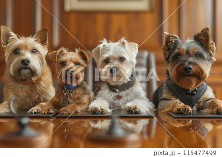 A group of dogs in business clothes are meeting in the office. 115477499