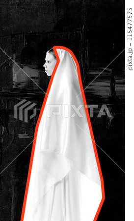 Contemporary art collage. Black-and-white figure of woman draped in white, flowing cloak, outlined in red against vibrant textured background. 115477575