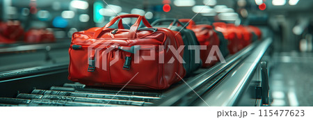 Selective focus of A conveyor belt is transporting suitcases in the airport. 115477623