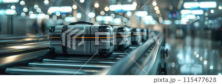 Selective focus of A conveyor belt is transporting suitcases in the airport. 115477628