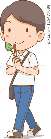 Cartoon man with candle incenses and lotus flower walking in the circumambulation ceremony. 115477698
