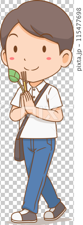 Cartoon man with candle incenses and lotus flower walking in the circumambulation ceremony. 115477698