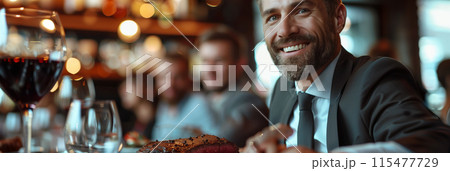 Selective focus of Group of Caucasian businessmen eating steak in restaurant. Selective focus of Group of Caucasian businessmen eating steak in restaurant. 115477729