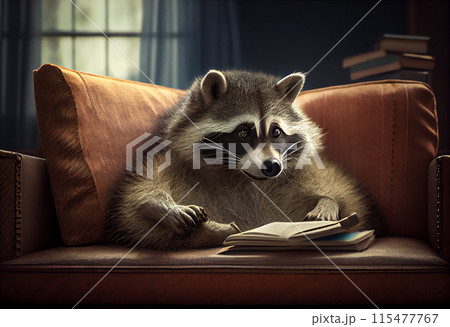 A raccoon lying on the couch reading a book 115477767