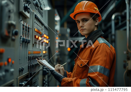 Caucasian male electrician checking factory control panel. 115477795