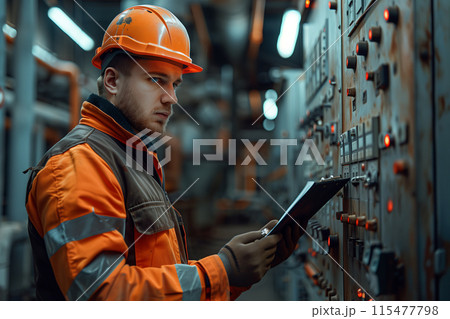 Caucasian male electrician checking factory control panel. 115477798