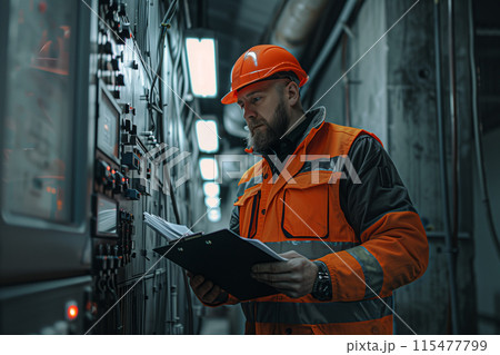 Caucasian male electrician checking factory control panel. 115477799