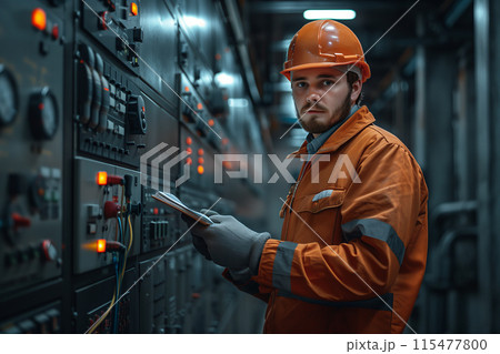 Caucasian male electrician checking factory control panel. 115477800