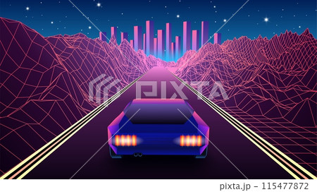 Neon car in 80s synthwave style racing to the city through mountain canyon. Retrowave auto illustration with car on the grid landscape road, in 90s arcade game style. Neon car in 80s synthwave style racing to the city through mountain canyon. Retrowave auto illustration with car on the grid landscape road, in 90s arcade game style. 115477872