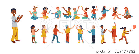 Diverse group of kids playing happily together in colorful outfits Diverse group of kids playing happily together in colorful outfits 115477882