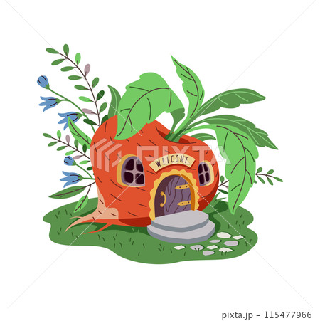 Magical cartoon house of a gnome or fairy made of big red radishes or turnips 115477966