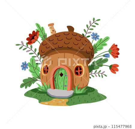 Magical cartoon house of a gnome or fairy made of a large acorn 115477968