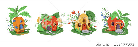 Naor magical gnome or fairy houses made of carrots, strawberries, pears and radishes 115477973