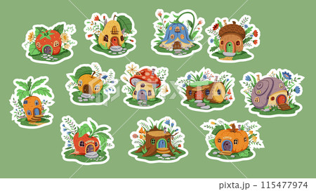 A large set of sticker packs on the theme of various fairy houses of a gnome or fairy 115477974