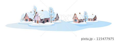 Houses covered with fresh snow 2D cartoon objects scene 115477975