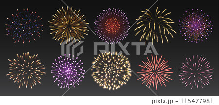 Fireworks in dark sky realistic vector illustration set 115477981