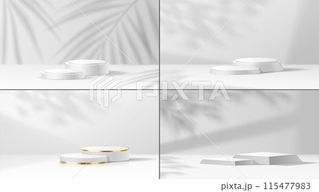 Product podiums and leaves shadows vector illustration set Product podiums and leaves shadows vector illustration set 115477983