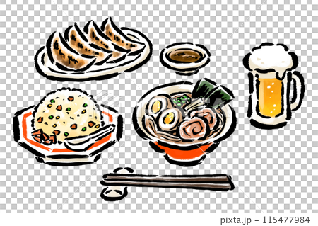 Ramen, fried rice, gyoza and beer brush-touch illustration set Ramen, fried rice, gyoza and beer brush-touch illustration set 115477984