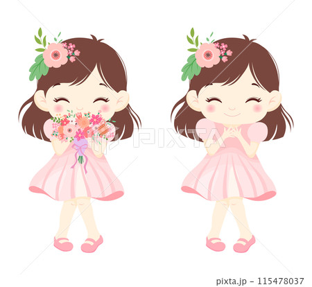 ピンクのワンピースを着た笑顔の可愛い女の子と花束　白背景 115478037
