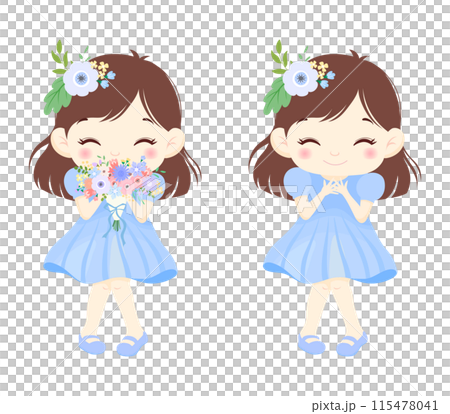 Smiling cute girl wearing a blue dress and a bouquet of flowers on a white background Smiling cute girl wearing a blue dress and a bouquet of flowers on a white background 115478041