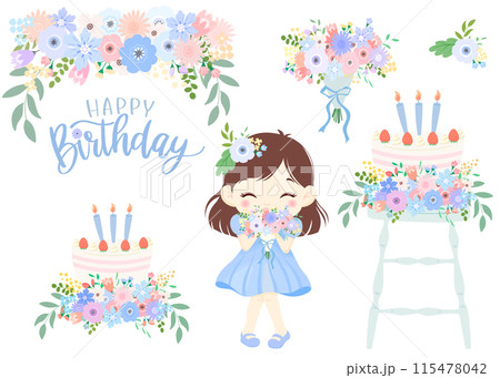 かわいい女の子と苺のお誕生日ケーキと水色の花束　Happy Birthdayの文字入り 115478042
